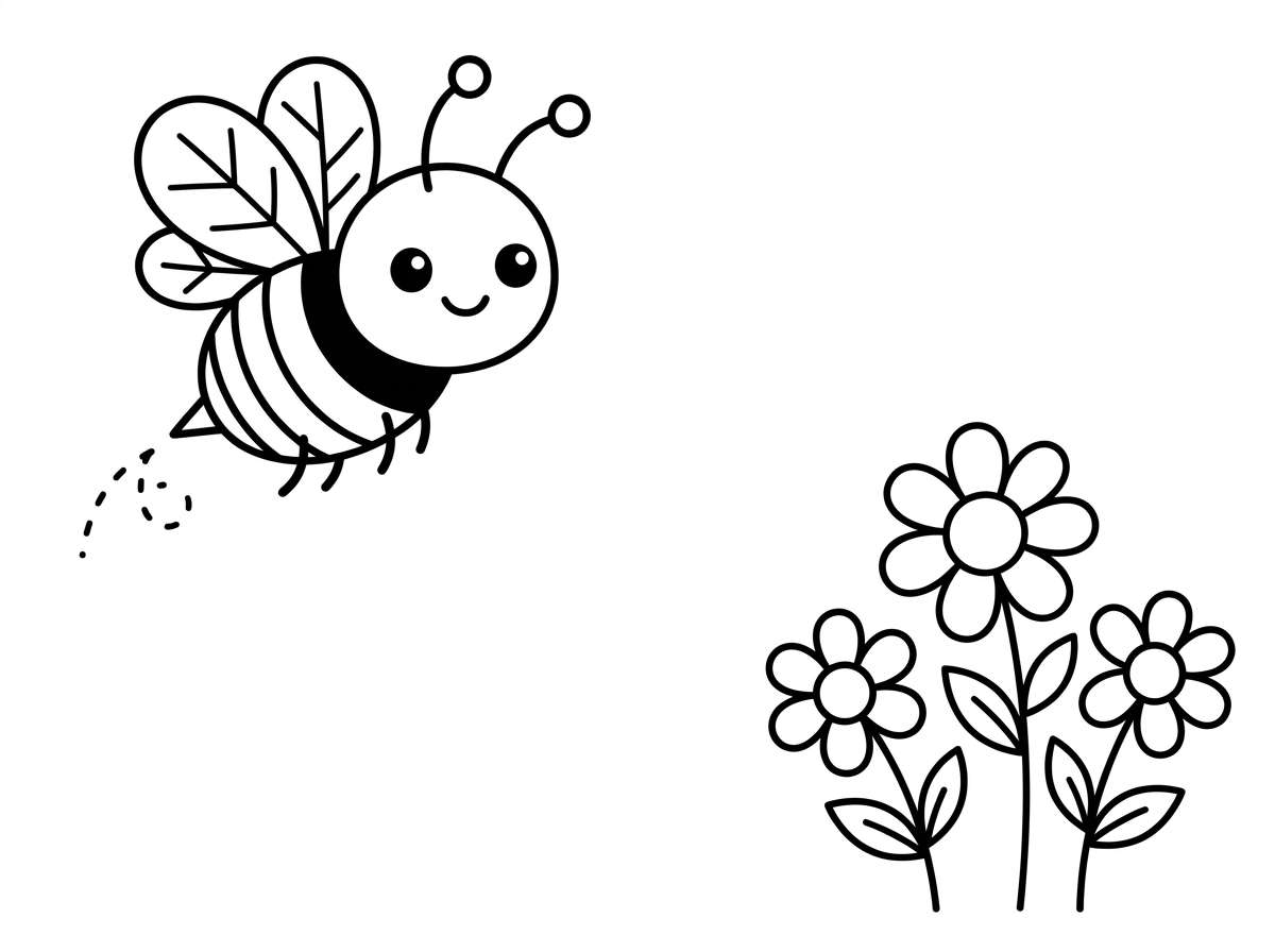 צייר דבורה בפינה אחת של הדף ובסוף הדף בפינה נגדית 3 פרחים קטנים