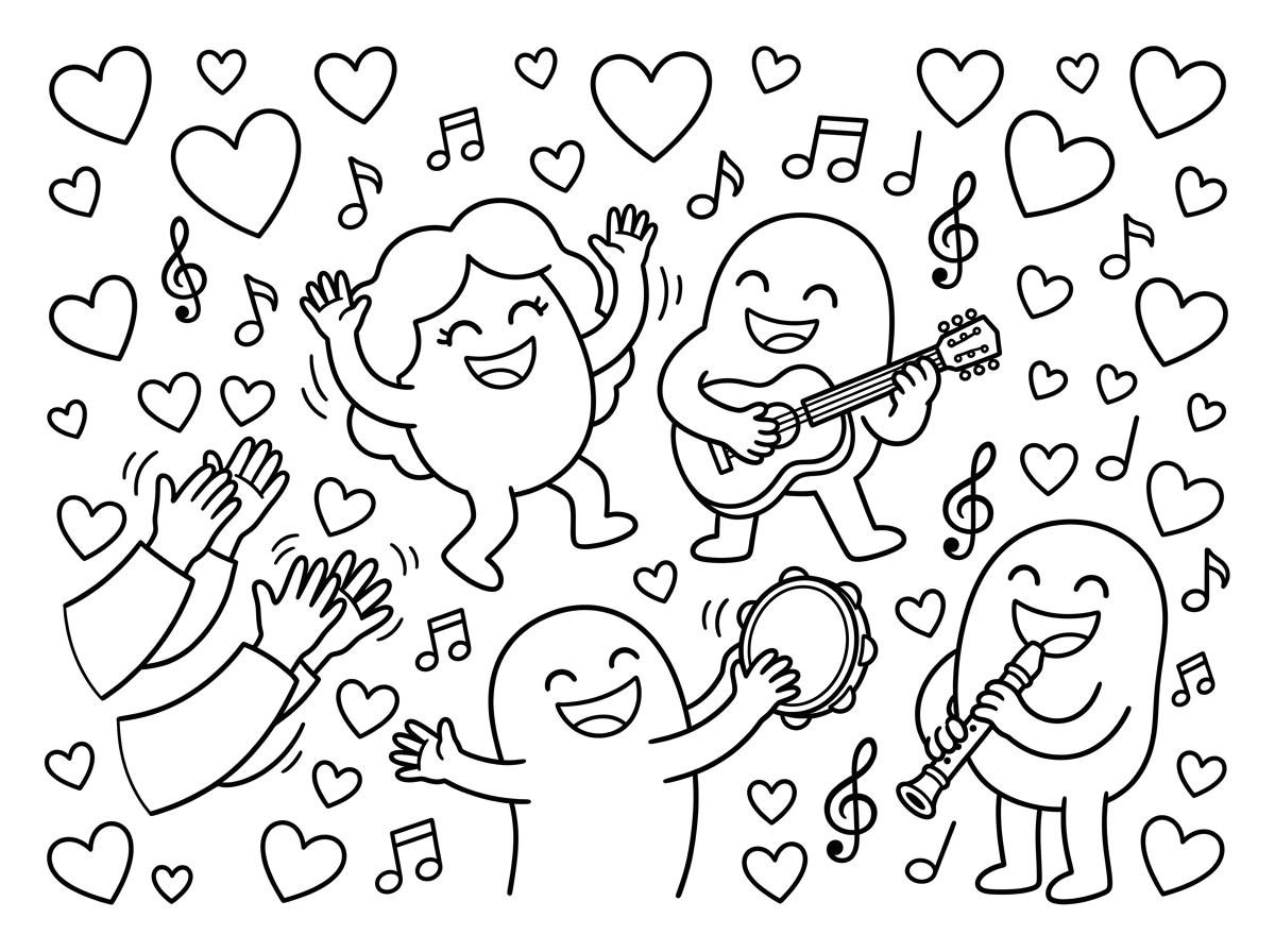 הכינו לי דף צביעה עם הרבה לבבות, עם חיוך על הפנים, וידיים שרוקדות ומנגנות בכלי נגינה ושמחות הרבה הרבה לבבות.