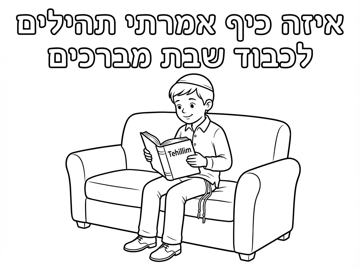 ילד קטן עם כיפה חלקה
חולצה לבנה ארוכה מכופתרת
מכנסיים ארוכות
עם חוטי ציצית
נעלי שבת
יושב על הספה בסלון 
עם ספר תהילים

וכתוב:

איזה כיף אמרתי תהילים לכבוד שבת מברכים
