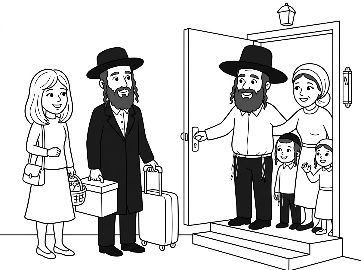 זוג צעיר חרדי האשה עם פאה וחצאית, הבעל עם קופסה של כובע וחליפה עליו, ומזוודה מגיעים לתאריך לשבת אצל משפחת כהן גם הם חרדים