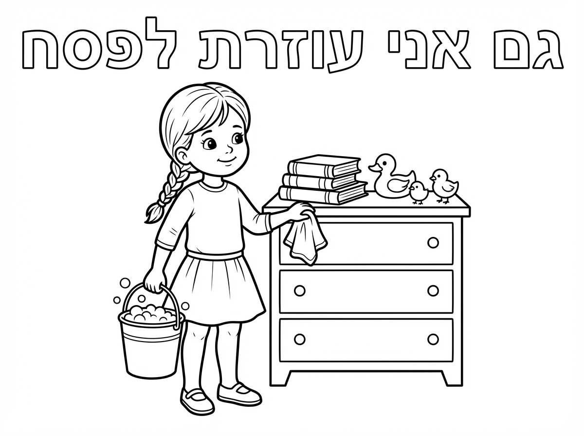 דף צביעה שחור לבן
ילדה קטנה עם תסרוקת עם צמא
עם חצאית וחולצה ארוכה שמכסה ברך ומרפק
וגרביונים ונעליים

עומדת ליד שידה בחדר ילדים
עם ספרים ומשחקים
עם דלי עם בועות
וסמרטוט קטן ביד

שלא יהיו דובים וחיות לא טהורות רק ברווזים ואפרוחים

וכתוב באותיות חלולות לצביעה

גם אני עוזרת לפסח