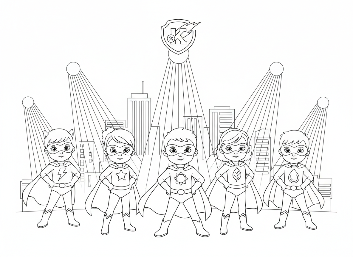קבוצת גיבורי על ילדים בפוזה - צוות של חמישה ילדים גיבורי על בתחפושות שונות בתנוחה הרואית, לכל אחד סמל כוח ייחודי על החזה, גלימות מתנופפות, מסכות, קו רקיע עירוני מאחור, קרני זרקור, לוגו צוות מעל
