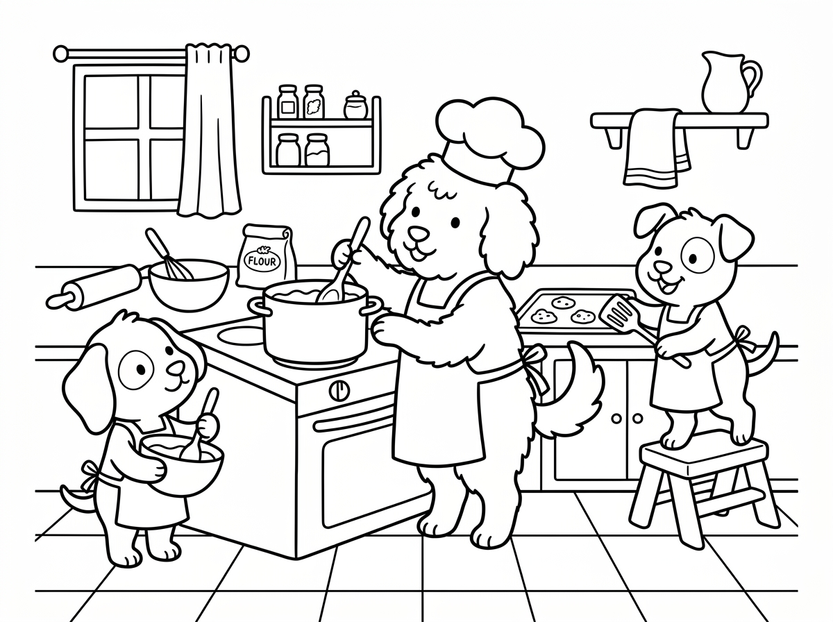 ‏הלו צור לי דף צביעה של כלבים מתוקים מבשלים במטבח