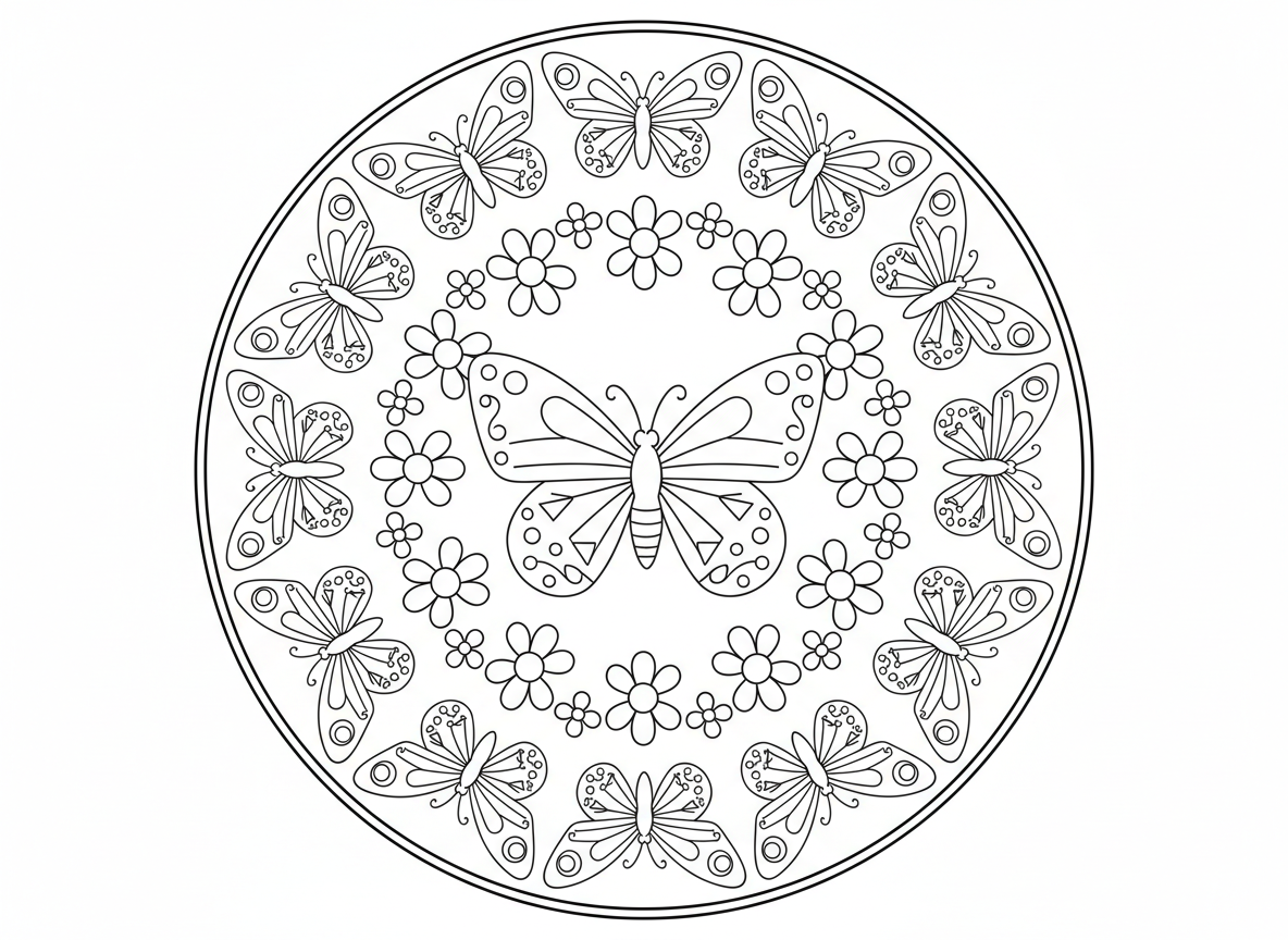 מנדלת פרפרים - מנדלה עשויה כולה מפרפרים מסודרים בדוגמה עגולה, פרפר גדול במרכז, פרפרים קטנים מקרינים החוצה, דוגמאות כנפיים יוצרות עיצובים גאומטריים, פרחי נוי בין הפרפרים