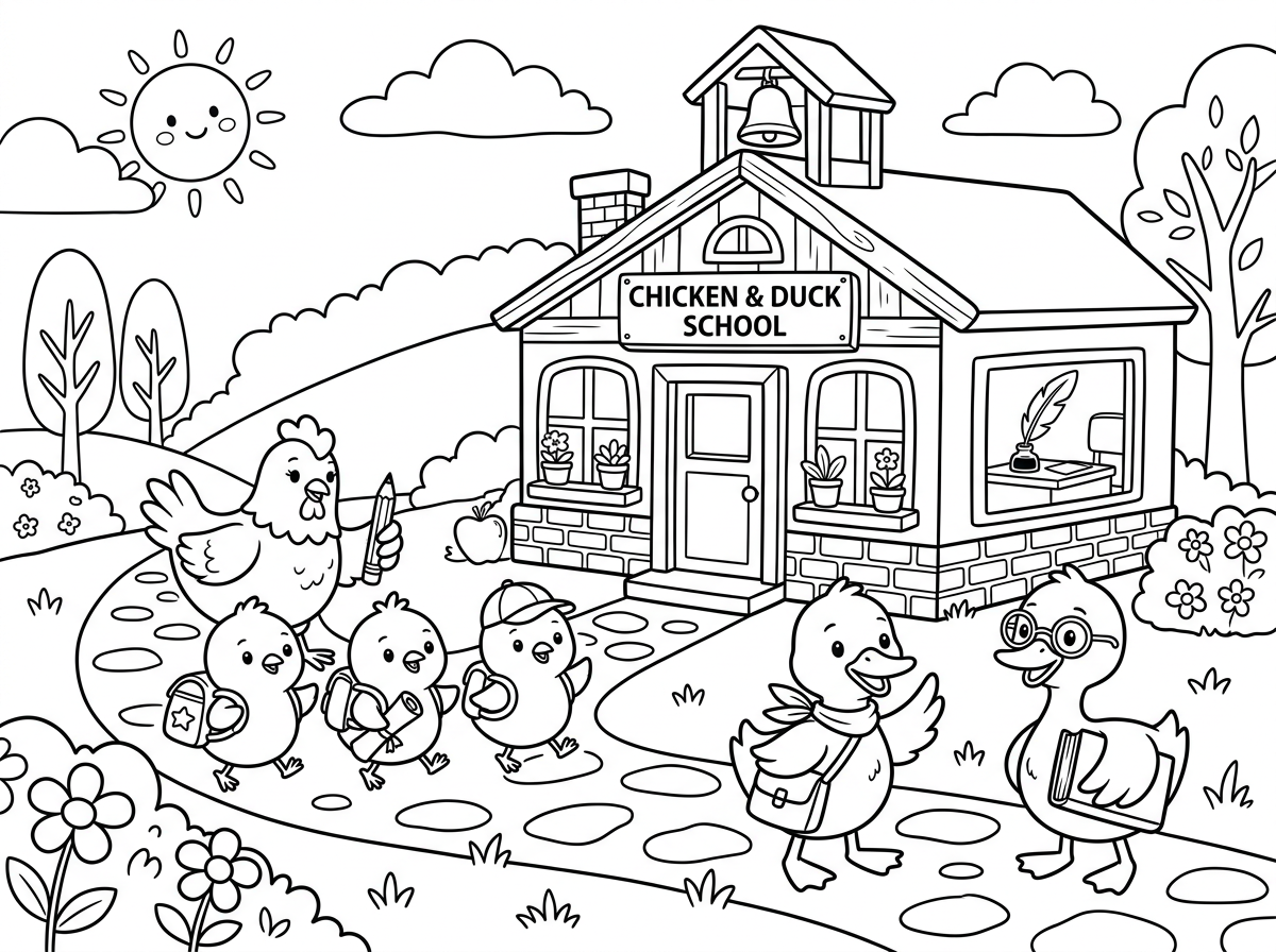 תכין לי ציור חמוד בסגנון קריקטורה של אפרוחים תרנגולים וברווזים הולכים לבית הספר לתרנגולים וברווזים עם הרבה פרטים