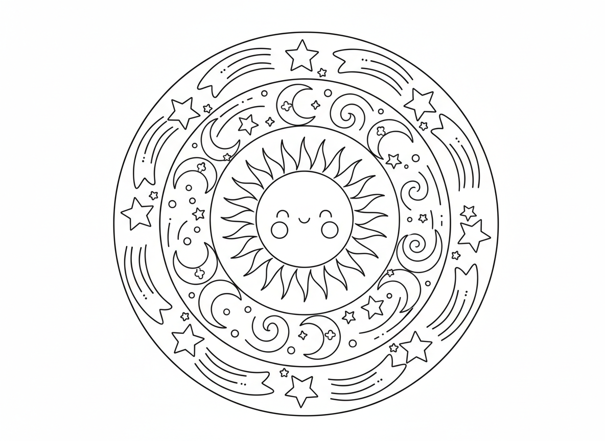 מנדלת כוכבים וירח - מנדלה שמימית עם שמש מחייכת במרכז, מוקפת בטבעות ירחים וכוכבים בגדלים שונים, כוכבים נופלים, סהרים, דוגמאות כוכבים נוצצים, מערבולות קוסמיות בין שכבות