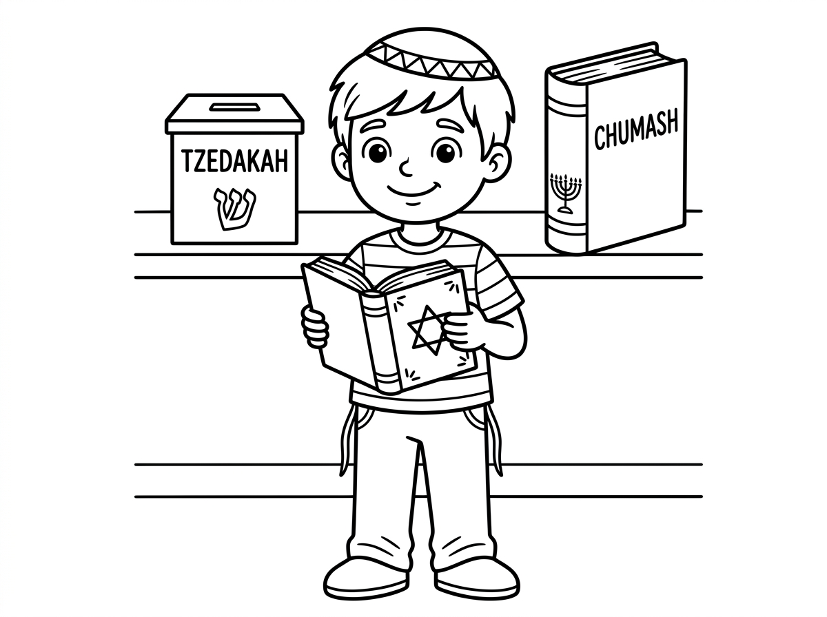 להכין לי בבקשה תמונה של ילד עם כיפה ..סידור ביד 
במדף קופת צדקה וחת'ת ..תודה