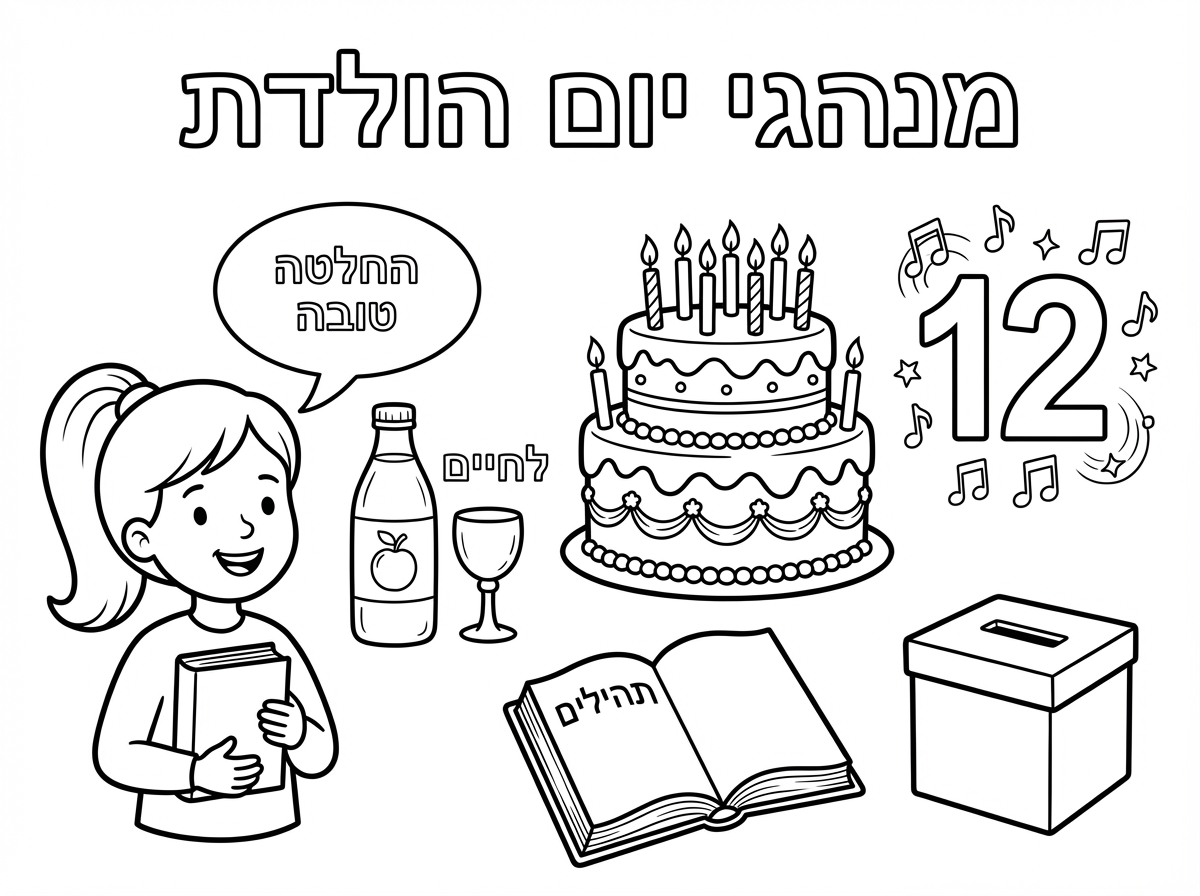 שבוע טוב!
אשמח לדף צביעה של מנהגי יום הולדת
כיתוב מנהגי יום הולדת ומסביב
כיתוב וציור- החלטה טובה ילדה מקבלת החלטה טובה
כיתוב לחיים- בקבוק יין וגביע
כיבוד מזונות- עוגת יום הולדת
12 הפסוקים- הספרה 12 ומסביב תוים
פרק תהילים אישי- ספר תהילים
צדקה- קופת צדקה

תודה רבה