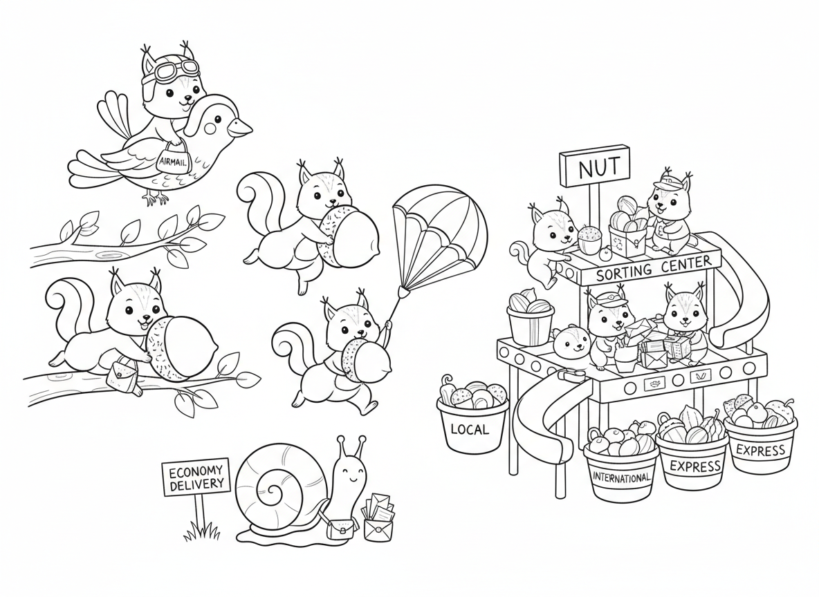 שירות דואר של סנאים - סנאים מחלקים חבילות בצורת בלוטים בקפיצות מעץ לעץ, מצנחים זעירים למשלוחים קרקעיים, מרכז מיון של בורית, מחלקת דואר אוויר של ציפורים, ומשלוח חסכוני בחילזון
ללא טקסט