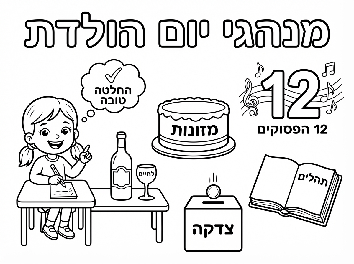 מקסים 
אשמח לשינויים:.להוריד את הנרות מעוגה ולהוסיף על זה כיתוב 'מזונות'
לקופת צדקה להוסיף מטבע וכיתוב צדקה
מתחת למספר 12 כיתוב 12 הפסוקים