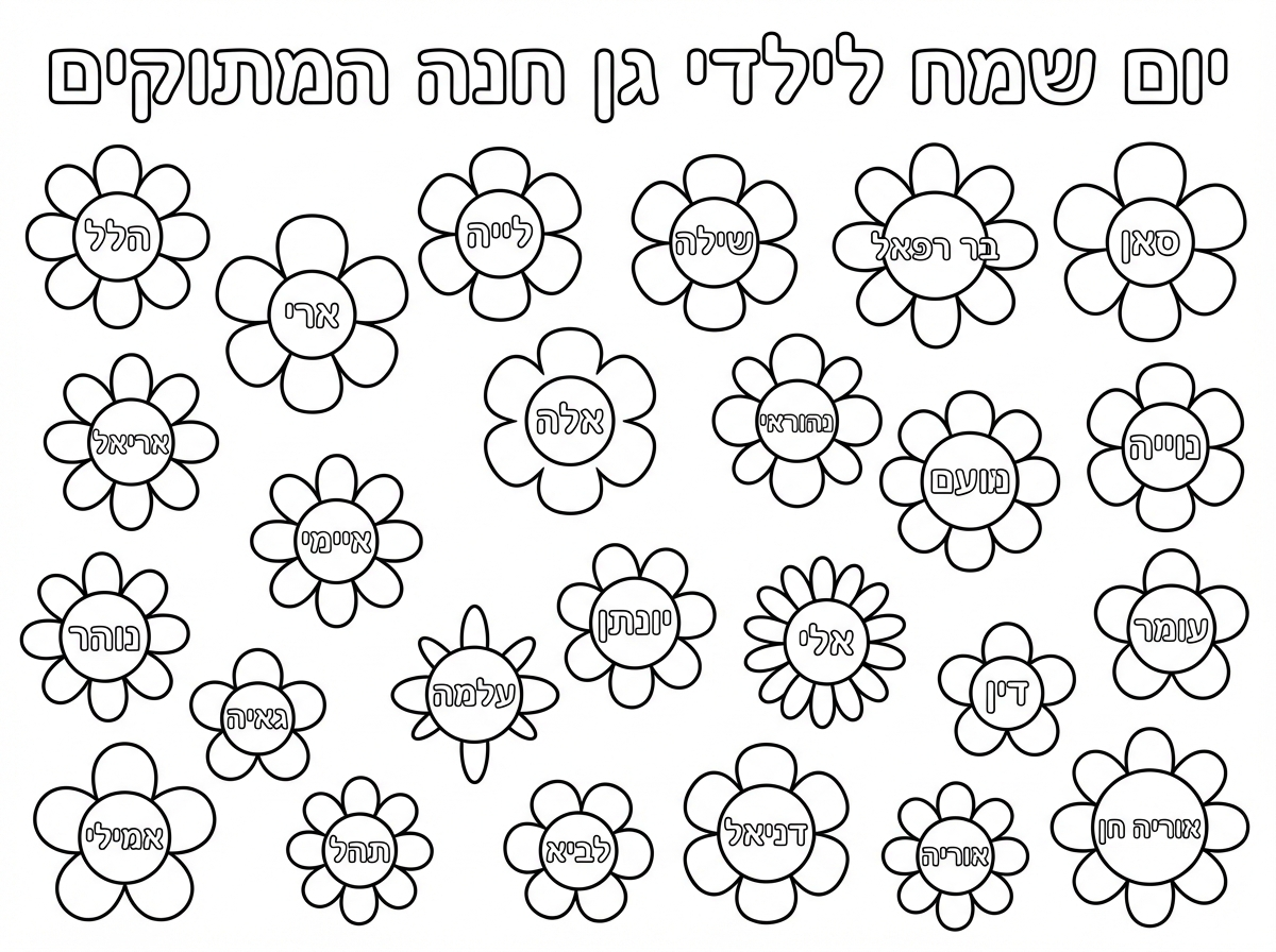 היי, אשמח שתכין לי דף צביעה לילדים בגיל 4
עם כיתוב: 
יום שמח לילדי גן חנה המתוקים 
עם פרחים שבכל פרח שם: 
הלל, ארי, לייה, שילה, בר רפאל,  סאן, אריאל, אלה, אגם, נהוראי, נוייה, נועם, ארין, איימי, נוהר, נעם,עידו, יונתן, אלי, גאיה, עלמה, מיה, עומר, דין, אמילי, תהל, לביא, דניאל, אוריה, אוריה חן
