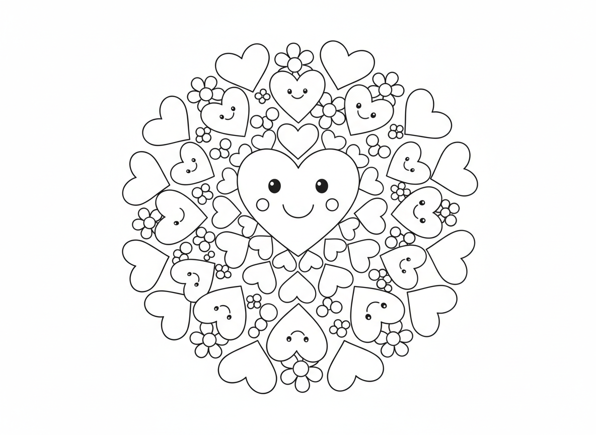 מנדלת לבבות לילדים - מנדלה עשויה לבבות בגדלים שונים, לב גדול במרכז, לבבות מקרינים בטבעות עגולות הולכים וקטנים, חלק מהלבבות עם פרצופים חמודים, פרחים בין לבבות, פשוט וכיפי לילדים קטנים