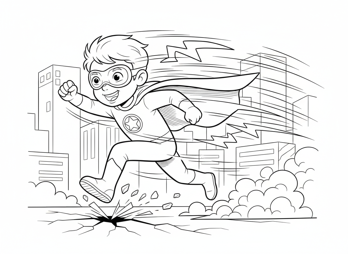 גיבור על עם סופר מהירות רץ - ילד גיבור על רץ במהירות על עם שובל ברק מאחור, קווי מהירות בכל מקום, גלימה מתוחה לאחור, משקפי מגן, אדמה נסדקת מתחת לרגליים, ענן אבק, בניינים מטושטשים