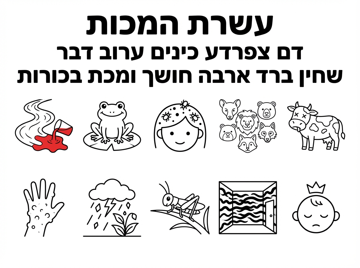 תיצור לי דף צביעה של עשרת המכות
שיהיה כתוב בעברית
שבכל שורה יהיו 5 מכות
שורה ראשונה דם צפרדע כינים ערוב דבר
שורה שניה שחין ברד ארבה חושך ומכת בכורות