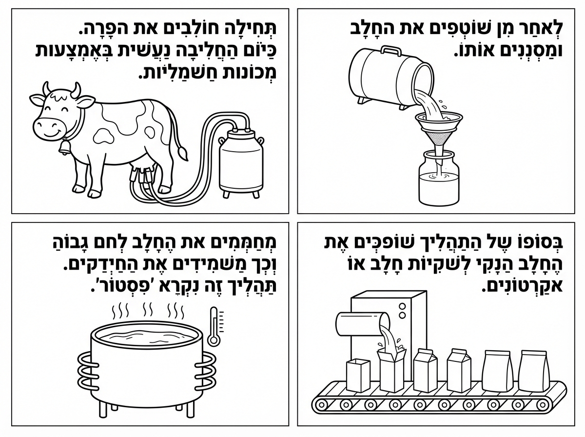 תוכל לקחת משפטים עם מאזכרים מהקטע הבא ולחבר אותם לתמונות?
תְּ חִ לָּה חֹולְּבִ ים אֶ ת הַ פָּרָּ ה. כְּ דֵ י שֶ הֶ חָּ לָּב שֶ ל הַ פָּרָּ ה יִהְּ יֶה בָּ רִ יא ּומֵ זִ ין יֵש לְּהַ קְּ פִ יד לָּתֵ ת
לָה אֹכֶל מָּ לֵא בַ ּוִ יטָּ מִ ינִים. בֶ עָּ בָּ ר הָּ רַ פְּ תָּ ן הָּ יָּה חֹולֵב אֶ ת הַ פָּרָּ ה בְּ צּורָּ ה יְּדָּ נִית הַ יְּשֵ ר לַכַד.
אַ ְך כַּיֹום הַ חֲ לִיבָּ ה קַ לָּה יֹותֵ ר וְּ נַעֲשֵ ית בְּ אֶ מְּ צָּ עּות מְּ כֹונֹות חַ שְּ מַ לִּיֹות לְּתֹוְך מְּ כָּלִים
סְּ גּורִ ים. לְּאַ חַ ר מִ כֵן שֹוטְּ פִ ים אֶ ת הֶ חָּ לָּב ּומַ סְּ נְּנִים אֹותֹו.
הֶ חָּ לָּב שֶ נֶאֱ סָּ ף מָּ לֵא חַ יְּדַ קִ ים וְּ ל ֹא כְּ דַ אי לִשְּ תֹות אֹותֹו. לָּכֵן מְּ חַ מְּ מִ ים אֶ ת הֶ חָּ לָּב
לְּחֹם גָּבֹוהַ וְכְָך מַ שְּ מִ ידִ ים אֶ ת הַ חַ יְּדַ קִ ים שֶ נִמְּ צָּ אִ ים ּבֹו. תַ הֲ לִיְך זֶה שֶ ל חִ מּום הֶ חָּ לָּב
וְּ הַ שְּ מָּ דַ ת הַ חַ יְּדַ קִ ים נִקְּ רָּ א "פִ סְּ טּור". בְּ סֹופֹו שֶ ל הַ תַ הֲ לִיְך שֹופְּ כִ ים אֶ ת הֶ חָּ לָּב הַ נָּקִ י
לְּשַ קִ ּיֹות חָּ לָּב אֹו קַ רְּ טֹונִים, אֹותָ ם נִתָּ ן לִקְּ נֹות בַ חֲ נֻּיֹות. בֶ עָּ בָּ ר הָּ יּו מֹוכְּ רִ ים אֶ ת הֶ חָּ לָּב
בְּ בַ קְּ בּוקֵ י זְּ כּוכִ ית, אַ ְך כַּיֹום זֶה כְּ בָּ ר ל ֹא כְָּך.