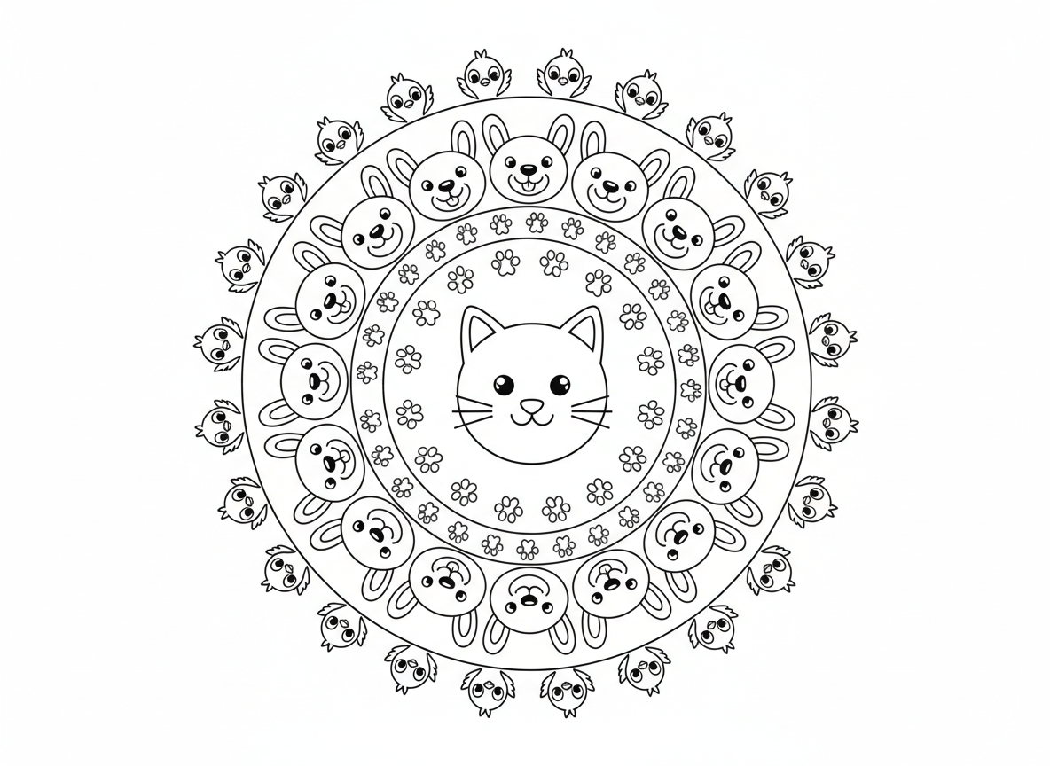 מנדלת פרצופי חיות - מנדלה עם פרצופי חיות חמודים מסודרים בעיגולים, פרצוף חתול במרכז, מוקף בטבעת כלבים, אז ארנבים, אז דובים, אז ציפורים, כל טבעת פרצופים מסתכלת פנימה, טביעות כפות בין טבעות