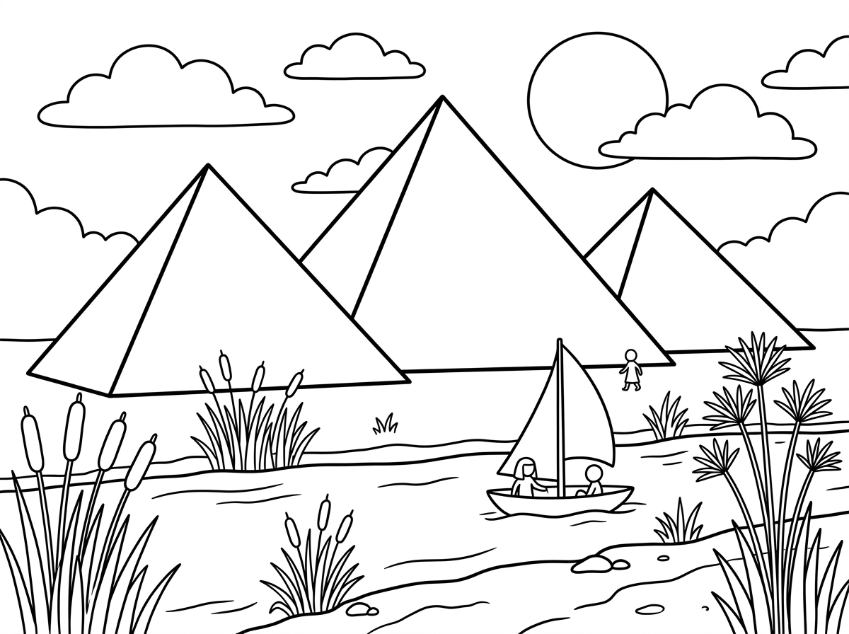 דף צביעה על הפירמידות   והיאור עם קני סוף