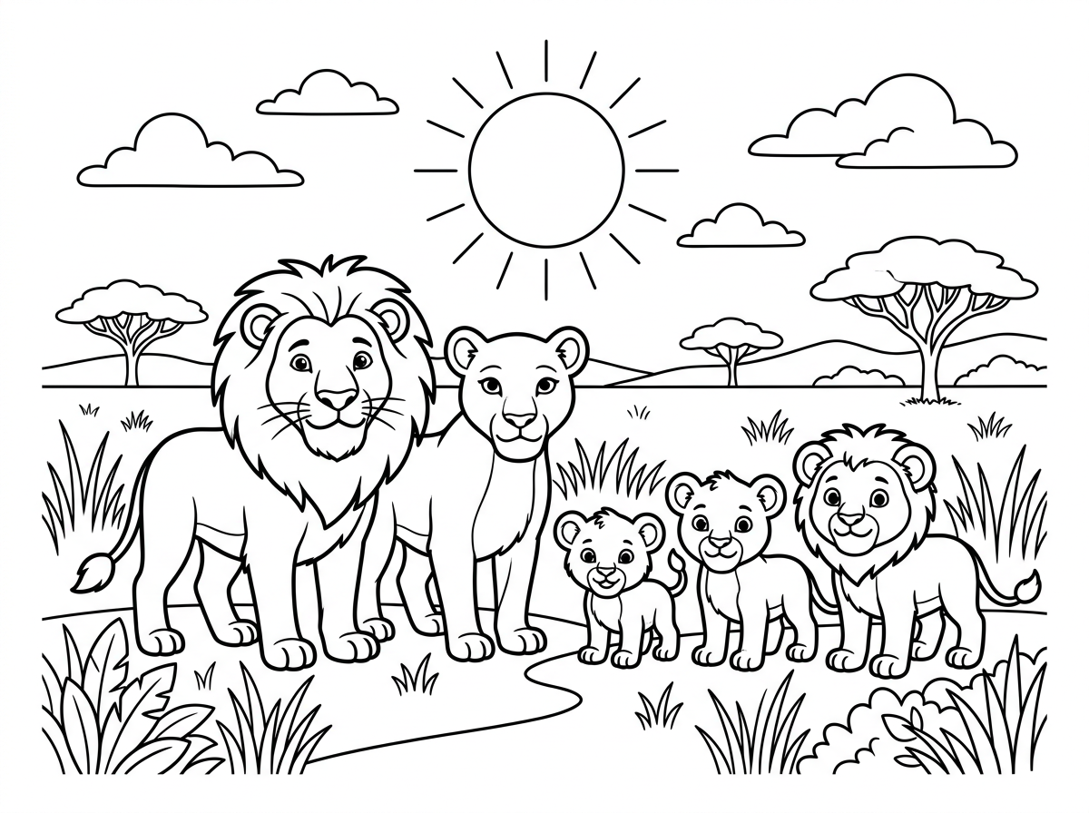 תכין דף צביעה כמו של הפילים רק במקום פילים תשים אריות והרקע תעשה סוואנה עם שמש וקצת עננים