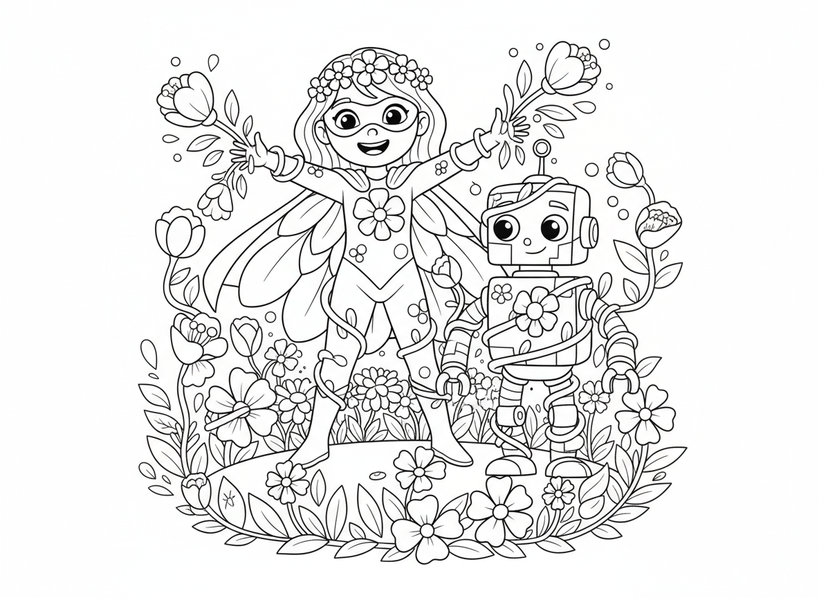 ילדה גיבורת על עם כוח פרחים - ילדה גיבורת על שהכוח שלה הוא לגדל פרחים בכל מקום, פרחים יורים מהידיים, גפנים עוטפות רובוט רשע, כתר פרחים כמסכה, גלימת עלי כותרת, גינה צומחת סביב רגליה