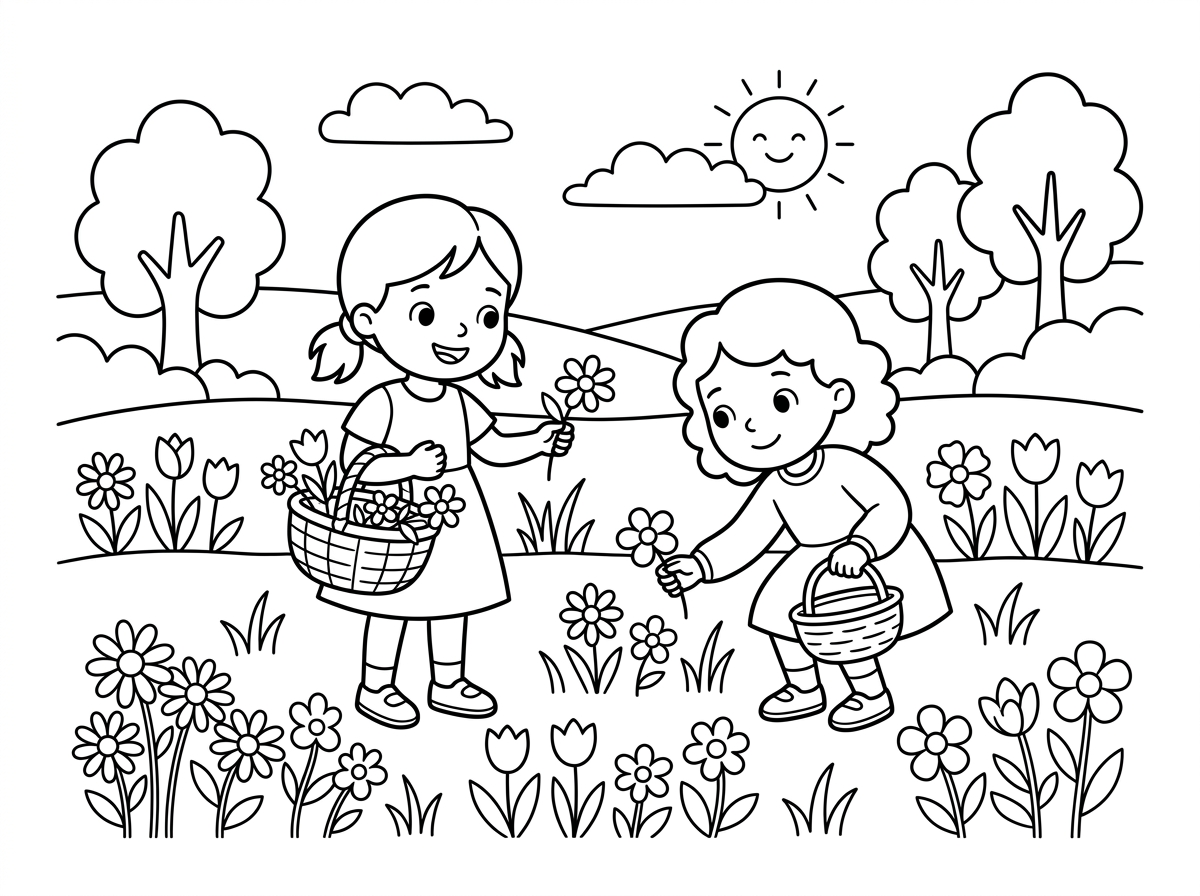 תכין לי תמונה עם ילדות יוצאות לשדה מלא פרחים וסלסילה בידיהן כדי לאסוף פרחים