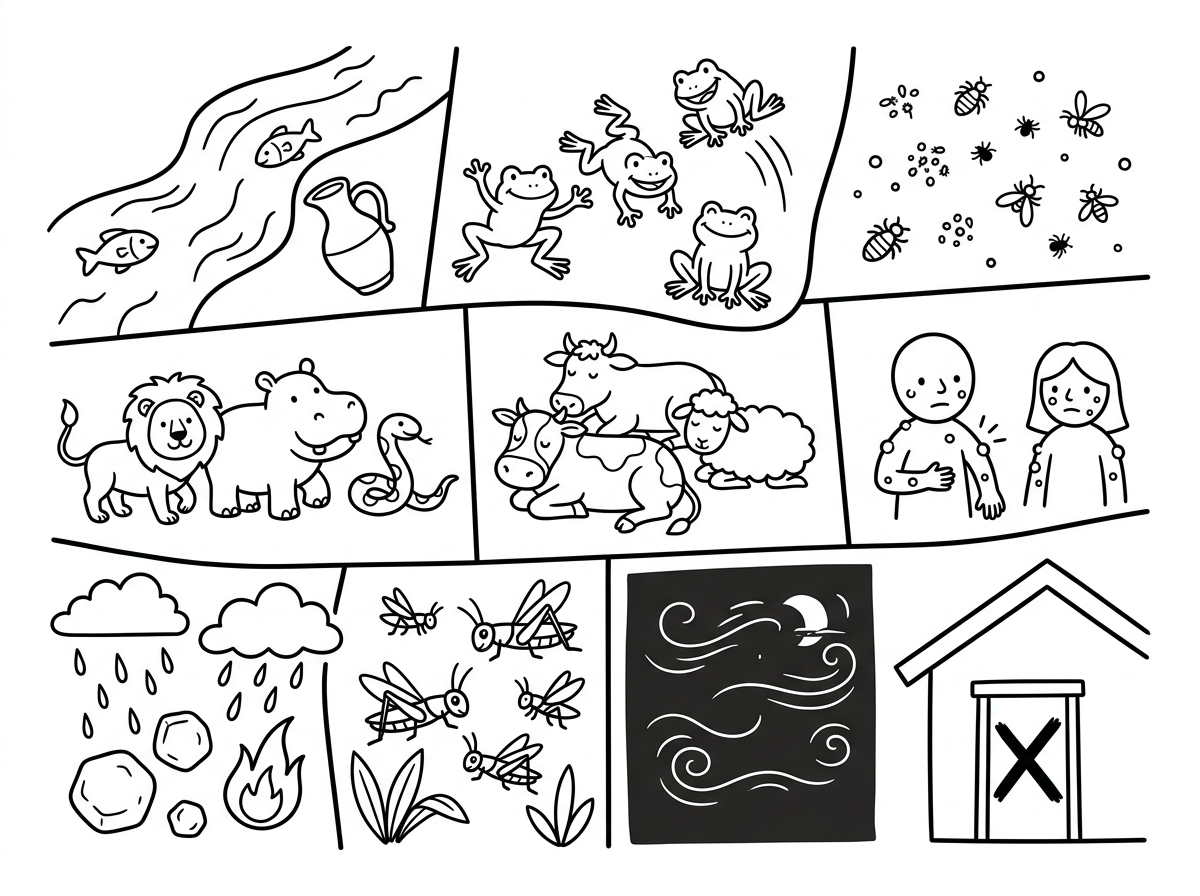 בבקשה תכין לי דף צביעה עם 10 המכות: דם צפרדע כינים ערוב דבר שחין ברד ארבה חושך מכת בכורות. תודה