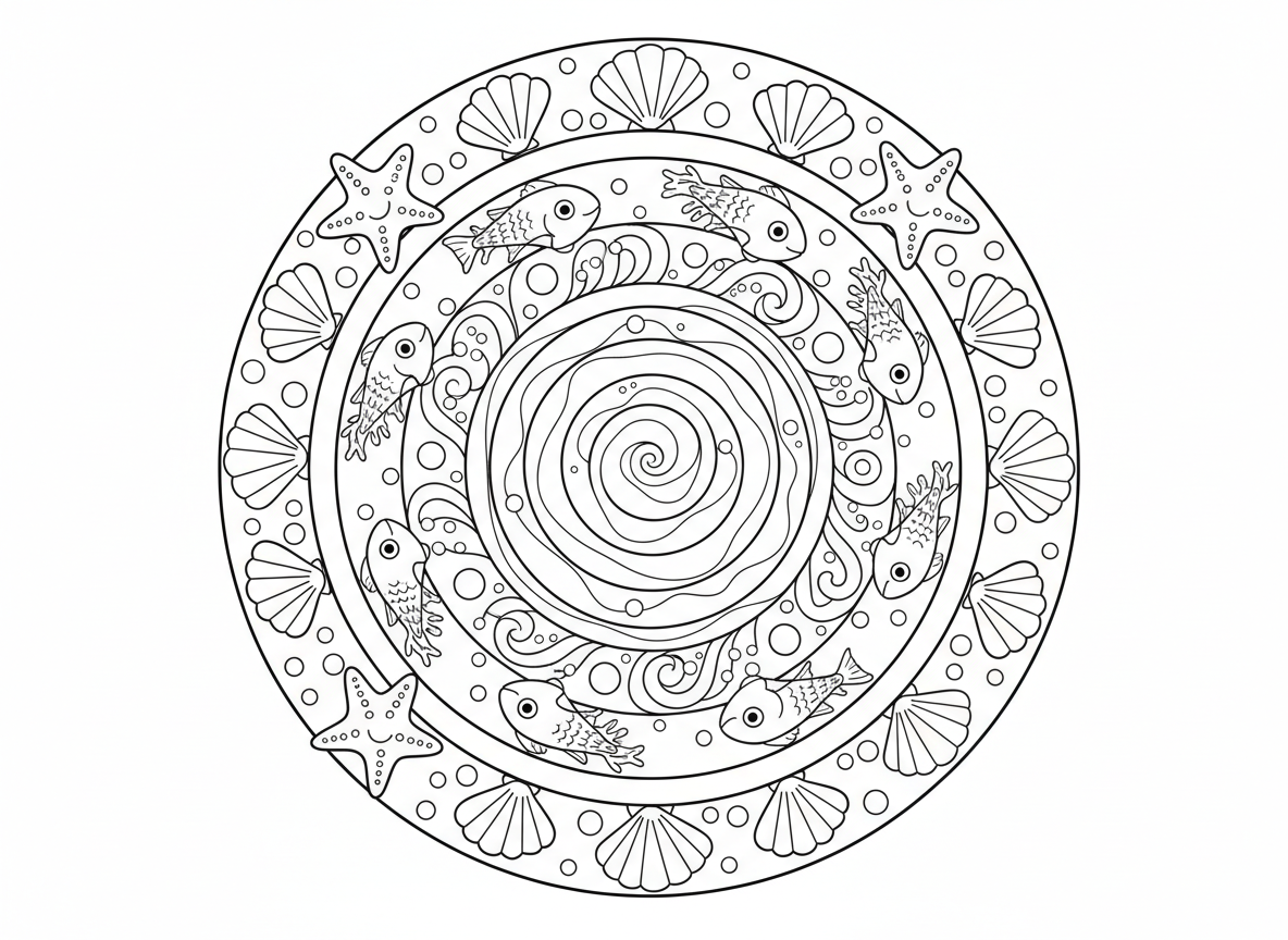 מנדלת גלי ים - מנדלה בהשראת גלי אוקיינוס, גלים ספירליים מקרינים מהמרכז, דגים שוחים בין גלים, צדפות מקשטות את הטבעות, כוכבי ים בנקודות מפתח, בועות ממלאות רווחים, עיטורי אלמוגים