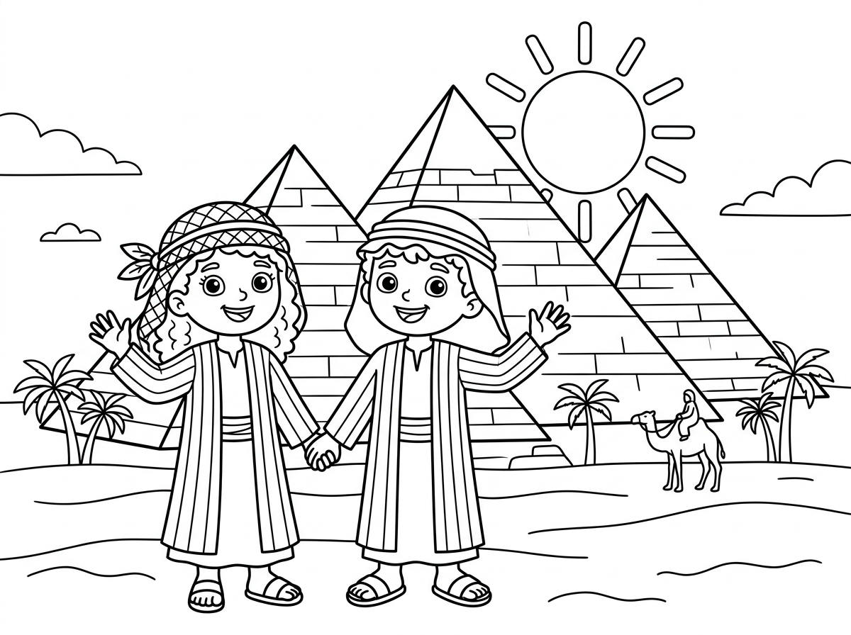 צור לי דף צביעה של הפרמידות במצריים שלידם עומדים ילד וילדה עם קאפיה על הראש וחלוק פסים עם סנדלים ושערות מתולתלות