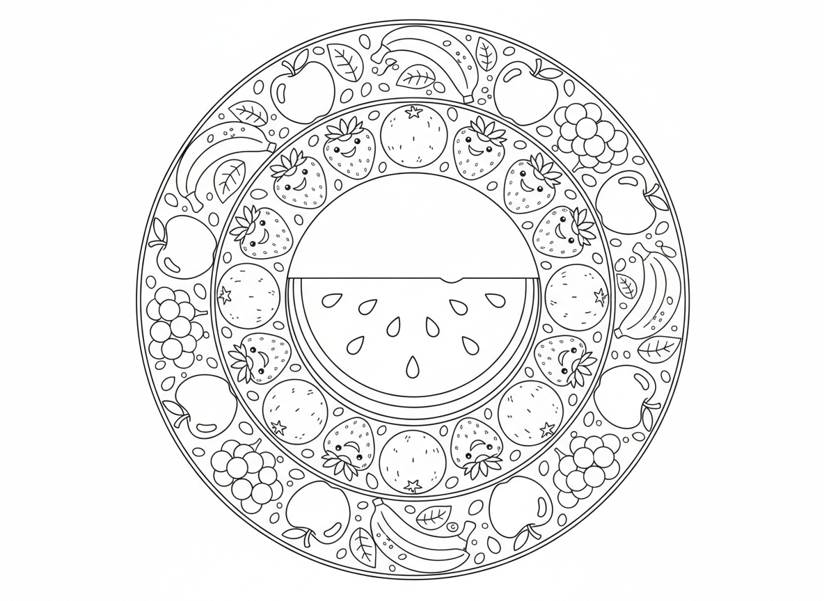 מנדלת פירות - מנדלה עשויה מפירות שונים, פרוסת אבטיח במרכז, טבעת תותים, אז תפוזים, אז תפוחים, אז ענבים, אז בננות בטבעת חיצונית, עלים וגרעינים כאלמנטים דקורטיביים