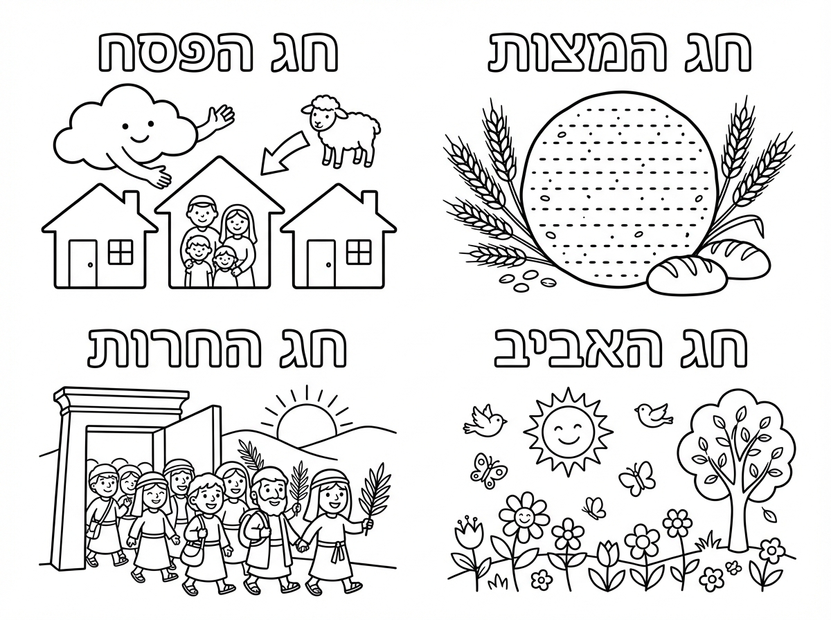 אפשר דף צביעה על 4 שמות חג הפסח?
חג הפסח ה' מדלג על בתי היהודים.
חג המצות - ציור של מצה עגולה.
חג החירות- בני ישראל יוצאים ממצריים.
חג האביב- ציור של אביב 
עם כיתוב של שמות החג
