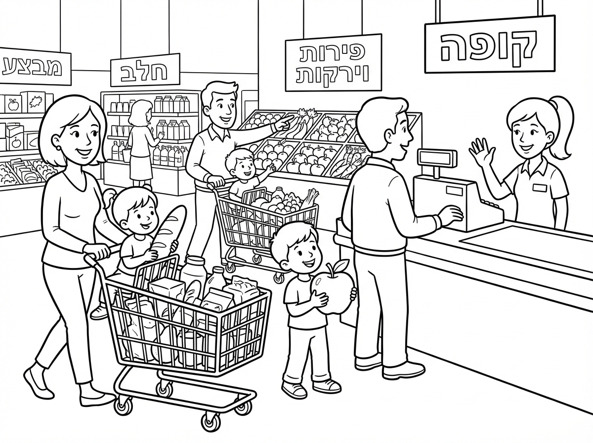 בואו נצייר סופרמרקט עמוס ושמח. עגלות קניות גדושות במצרכים, וילדים קטנים יושבים בעגלות או עוזרים להוריהם לבחור ירקות ופירות טריים. קופאית חייכנית עומדת ליד קופה רושמת.
כל הכיתובים בעברית