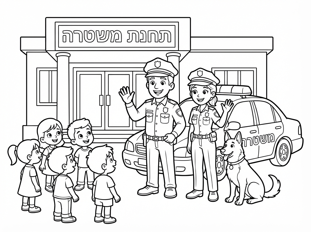 בואו נצייר תחנת משטרה ידידותית. שוטר ושוטרת מחייכים עומדים מחוץ לתחנה ליד ניידת משטרה. ילדים קטנים מסתכלים בהם בהתפעלות, ואולי יש כלב משטרה נחמד לידם.
כל הכיתובים בעברית