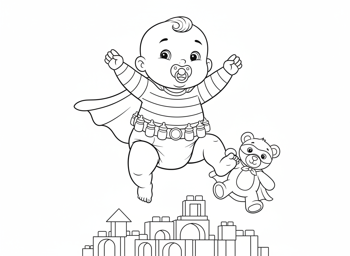 תינוק גיבור על בגלימת אוברול - תינוק גיבור על חמוד באוברול עם גלימה זעירה, מוצץ בפה, עף באופן מגושם, דובון שותף עם מסכה, קוביות כבניינים, חגורת שירות מבקבוקי חלב, חיתול מעל התחפושת