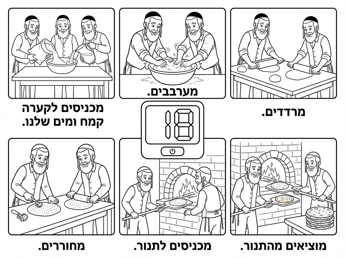 תכתוב מתחת לכל תמונה את הפעולה בעברית
1. מכניסים לקערה קמח ומים שלנו.
2. מערבבים.
3. מרדדים.
4. מחוררים
5. מכניסים לתנור
6. מוציאים מהתנור.

את השעון תבטל מכל התמונות.
ותכין שעון טיימר אחד באמצע של התמונות שמראה על 18