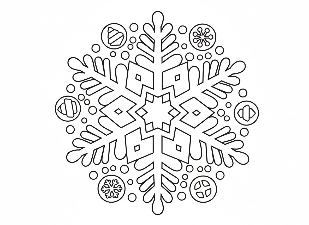 מנדלת פתית שלג - מנדלת פתית שלג מפורטת עם סימטריה שש-קיפולית, דוגמאות גביש קרח מורכבות, כל ענף עם פרט ייחודי, קישוטי כפור, פתיתי שלג זעירים בין ענפים ראשיים, צורות קרח גאומטריות