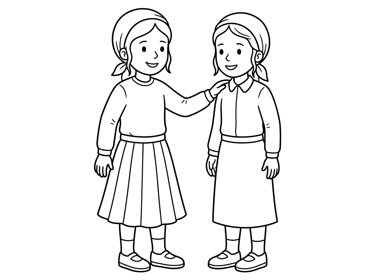 תכין לי בבקשה 2 ילדות חרדיות עם שרוול ארוך וחצאית המכסה את הברך שמות יד על כתף חברתה