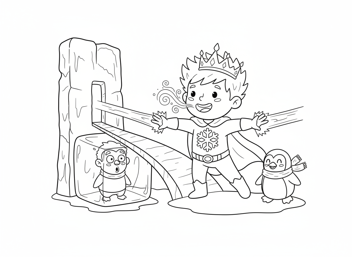 גיבור על עם כוחות קרח - ילד גיבור על יורה קרני קרח מהידיים, יוצר גשרי קרח וחומות, רשע קפוא בקוביית קרח, סמל פתית שלג על החזה, גלימה כחולה קרחית, נשימת כפור, כתר קרחונים, פינגווין שותף