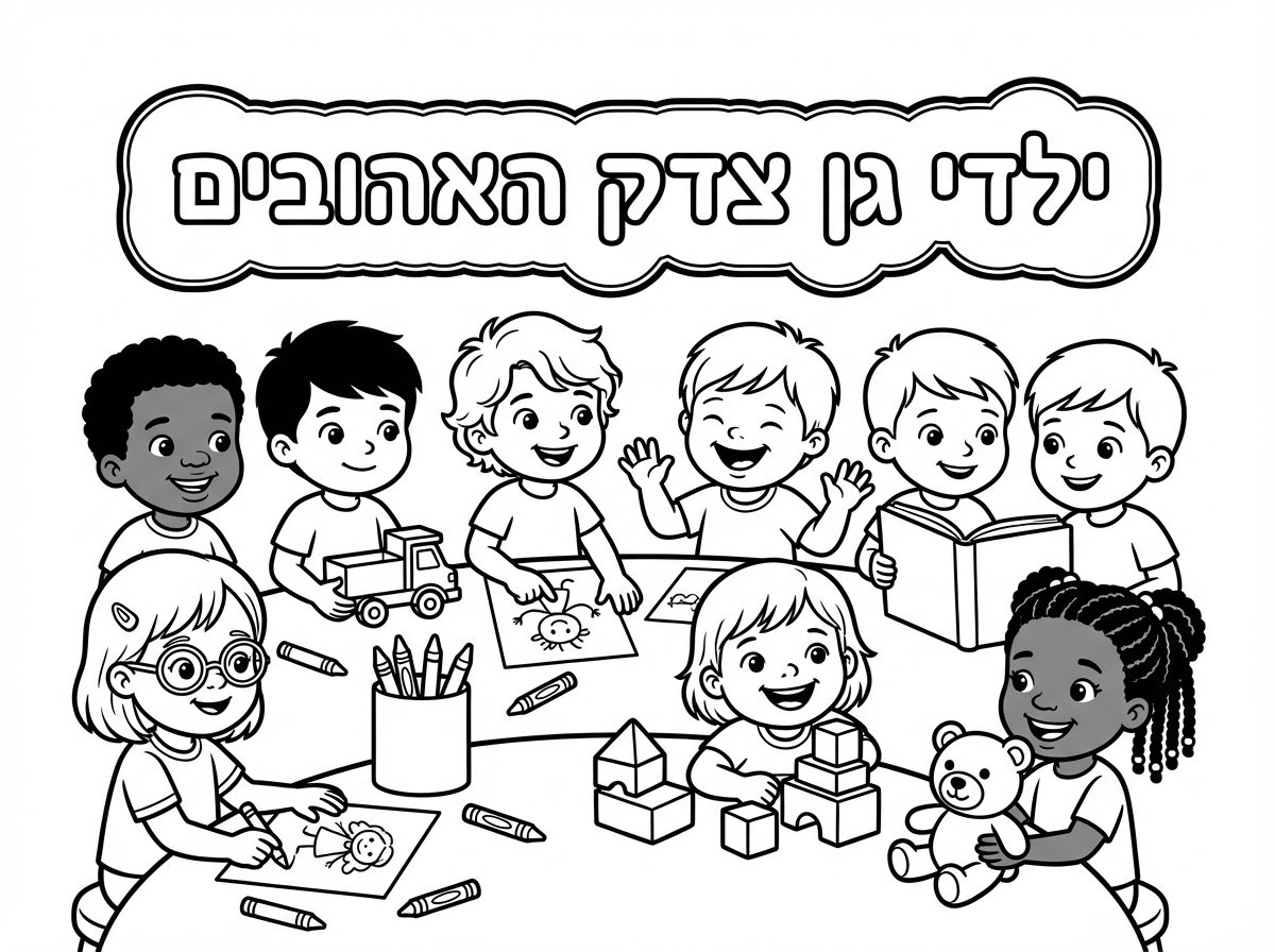 עכשיו תדייק-
אני רוצה בן אחד כהה עור עם שיער קצר. בן שני עם שיער כהה קצר. בן שלישי עם שיער מעט ארוך. בן רביעי עם תסמונת דאון מחייך. בן חמישי עם שיער קצר. בן שישי עם שיער קצר. בת אחת עם תסמונת דאון המרכיבה משקפיים. בת שניה בעלת עור כהה עם צמות צמודות על ראשה. ולשנות את הכיתוב ל- "ילדי גן צדק האהובים" יהיה בתוך מסגרת מעוגלת מעט