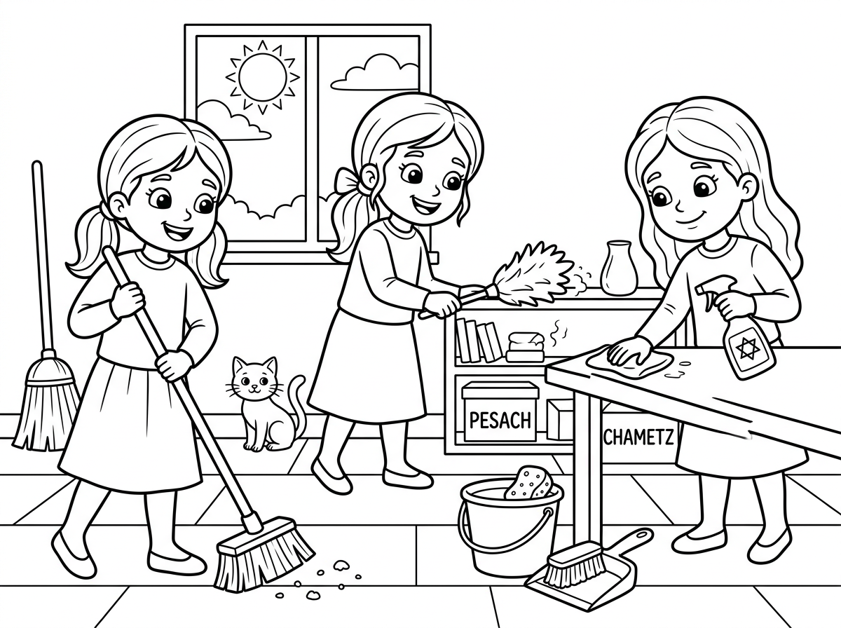תעשה לי דף משימה בנושא ניקיון הבית לפסח לגן חובה לבנות עם חצאיות ללא פיאות וגרביונים ושרוולים ארוכים
