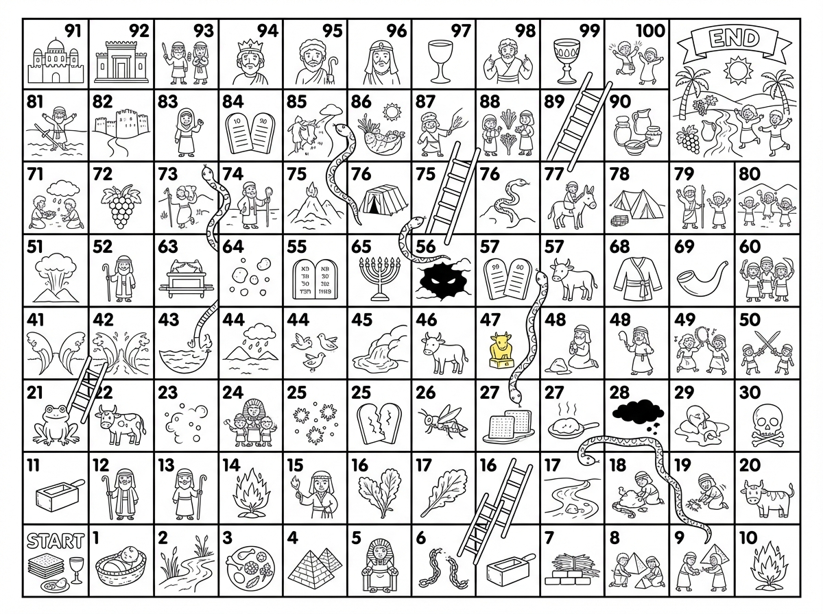 צור לוח משחק "סולמות וחבלים" לחג הפסח, מבט עליון ישר, קומפוזיציה מלאה של כל הלוח, פורמט אנכי להדפסה, 100 משבצות בדיוק במבנה 10x10, כל משבצת ממוספרת במספר ברור מ-1 עד 100. המספרים צריכים להיות גדולים, ברורים, עקביים וקריאים מאוד. המשבצות מסודרות לפי סדר המשחק בצורה קלאסית ונוחה לקריאה. פזר על הלוח מספר סולמות ומספר חבלים בצורה מאוזנת כדי ליצור משחק מעניין. עיצוב עשיר ומושקע בהשראת חג הפסח: מצות, קערת סדר, גביעי יין, יציאת מצרים, משה, ים סוף נבקע, מדבר, פירמידות, סמלי אביב וחירות. סגנון איור מקצועי, צבעוני, שמח, נקי, מתאים לילדים, נראה כמו משחק קופסה איכותי ומוכן להדפסה. משבצת 1 מסומנת כ"התחלה" באופן חזותי, משבצת 100 מסומנת כ"סיום" חגיגי, ללא טקסט נוסף מעבר למספרים.
