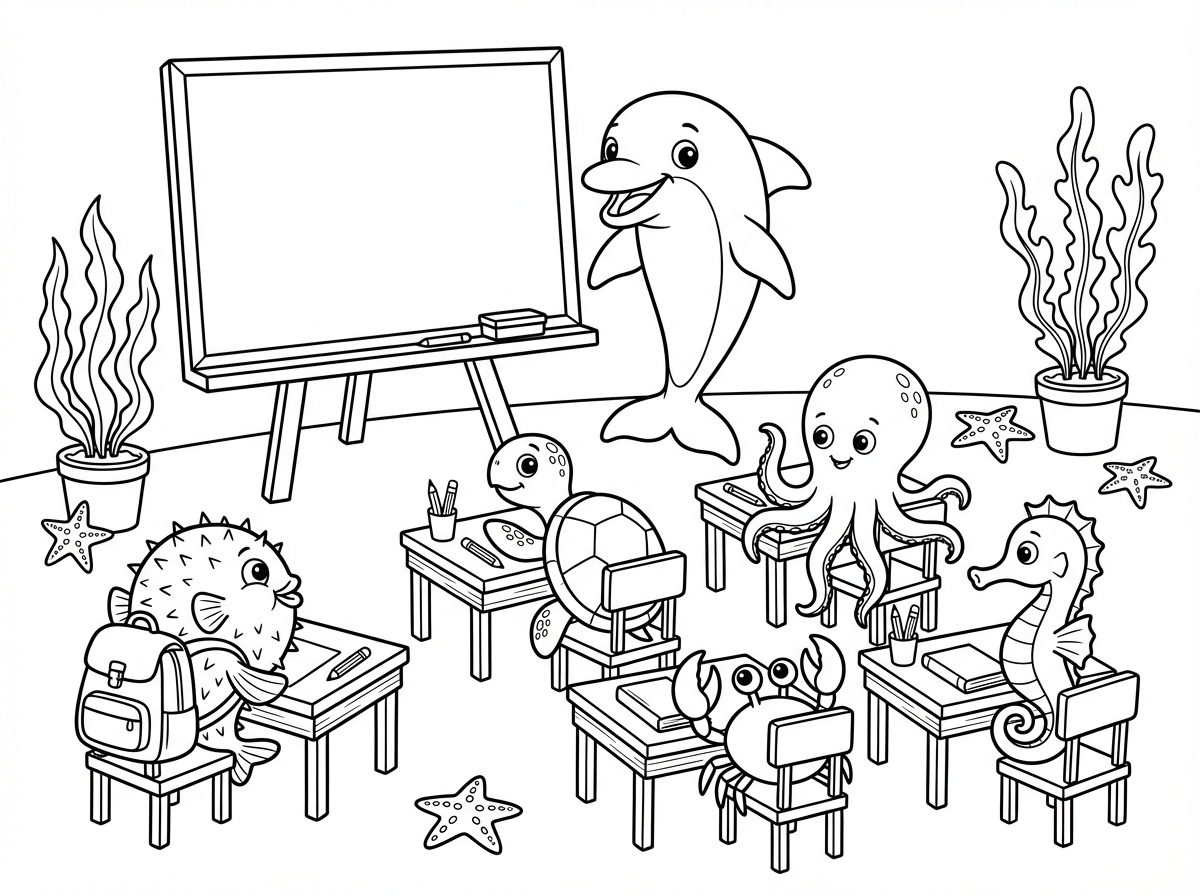 אני רוצה שתצייר לי חיות ים בבית הספר.. דולפין מורה עם לוח, אבו נפחה תלמיד שיושב ליד שולחן ועוד דוגמאות כאלה