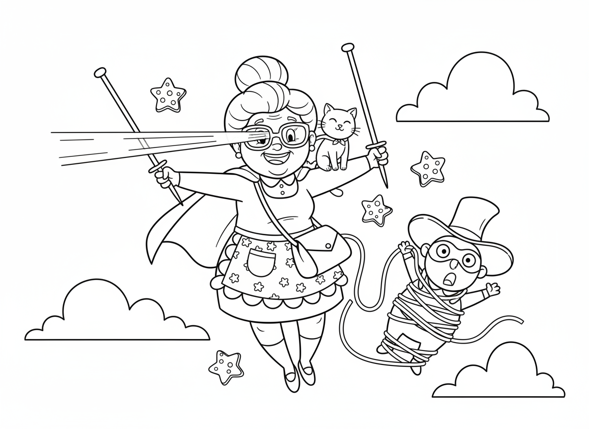 סבתא גיבורת על סורגת צדק - סבתא גיבורת על עפה עם מסרגות ככלי נשק, לאסו חוט תופס רשע, סינר מעל התחפושת, משקפיים עם ראיית לייזר, כוכבי נינג׳ה מעוגיות, תיק יד כתיק שירות, חתול שותף