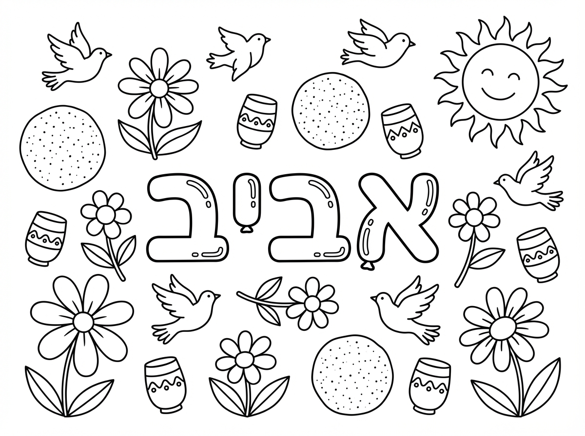 תכין לי דף צביעה 
באמצע כתוב אביב בכתב בלון שאפשר לצבוע
ומסביב יש חיצים לדברים שיש באביב:
-כמה פרחים לצבוע
-ציפורים עפות
-3 מצות עגולות ו4 כוסות יין (כוסות בלי רגל)
-שמש עם קרניים (בלי ציור פנים)