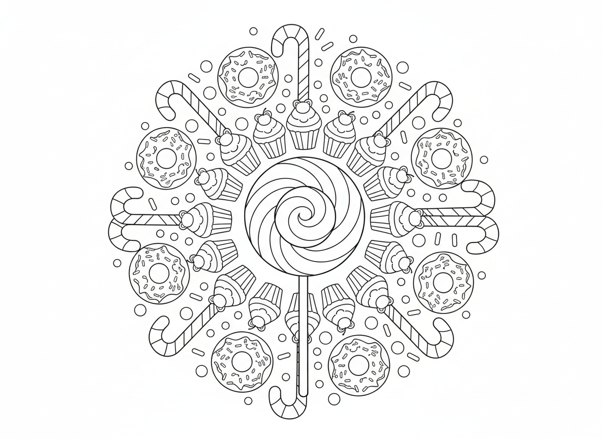 מנדלת ממתקים ומתוקים - מנדלה עשויה ממתקים ומתוקים, סוכרייה על מקל במרכז, טבעת דובוני גומי, אז קאפקייקס, אז גביעי גלידה, אז סופגניות, מקלות ממתקים כמחלקים, סוכריות צבעוניות ממלאות רווחים