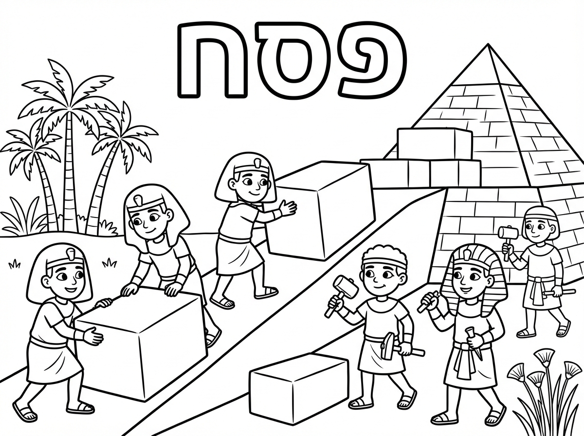 דף צביעה עם כיתוב פסח
ציור של אנשים בונים פירמידות