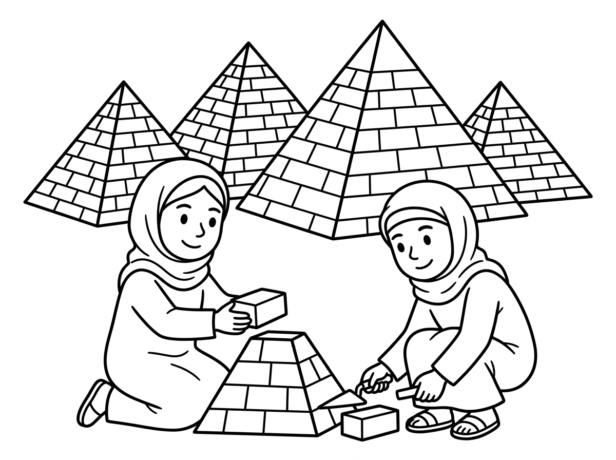 אני רוצה 4 פירמידות ו2 אנשים מבוגרים בונים פירמידות עם שביס על הראש
