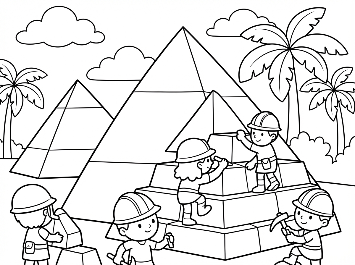 פירמידות גדולות, דקלים ברקע והאנשים שבונים עומדים על הפירמידה