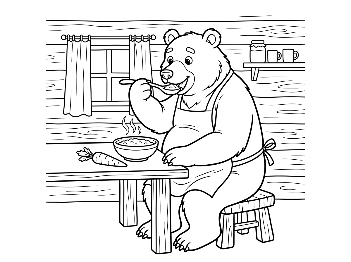 צור תמונה של אבא דוב הדוב לובש סינר, יש לו בטן גדולה ושמנה, יושבת בתוך בקתת עץ אוכלת דייסה מתוך קערה. על השולחן יש גזר בצד.