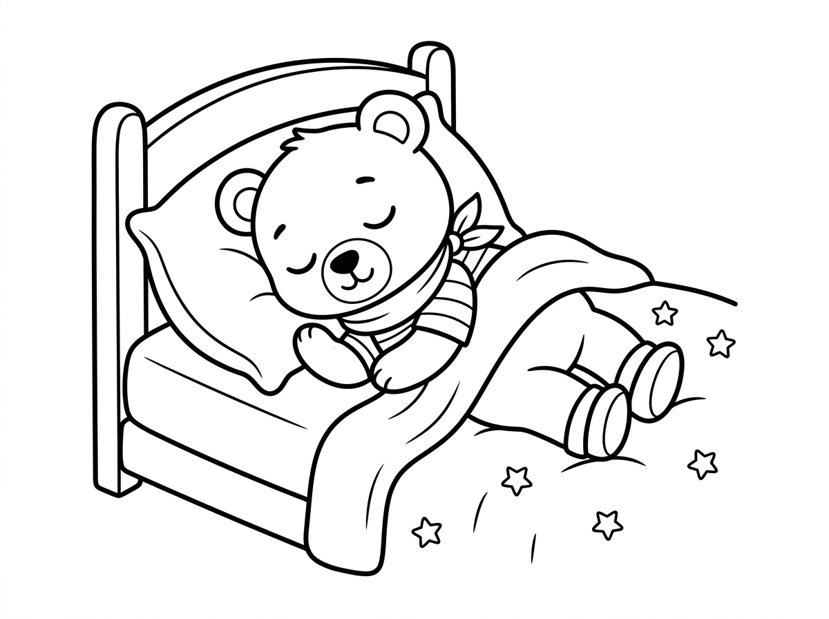 צור תמונה של דובון קטן, לובש חולצה קטנה ומכנסיים קטנים וצעיף, נמצא במיטה וישן.