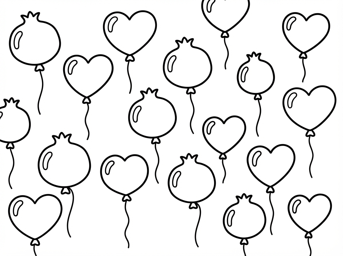 תכין לי דף צביעה בנושא לבבות ורימונים. המון המון המון בלוני הליום בצורת רימון ובצורת לבבות