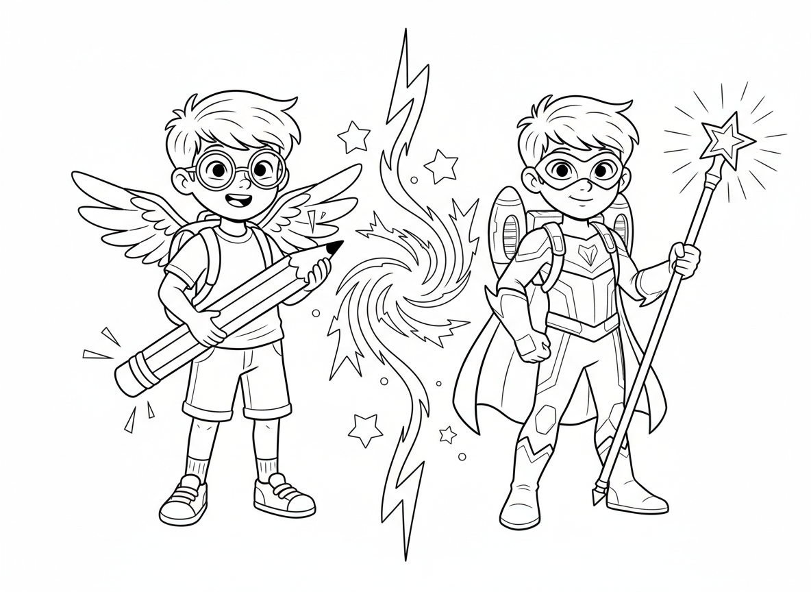 גיבור על משתנה מילד רגיל - תמונה מפוצלת שמראה ילד בית ספר רגיל בצד אחד הופך לגיבור על בצד השני, תיק גב הופך לסילון, משקפיים הופכים למסכה, עיפרון הופך לשרביט כוח, מערבולת אנרגיה ביניהם